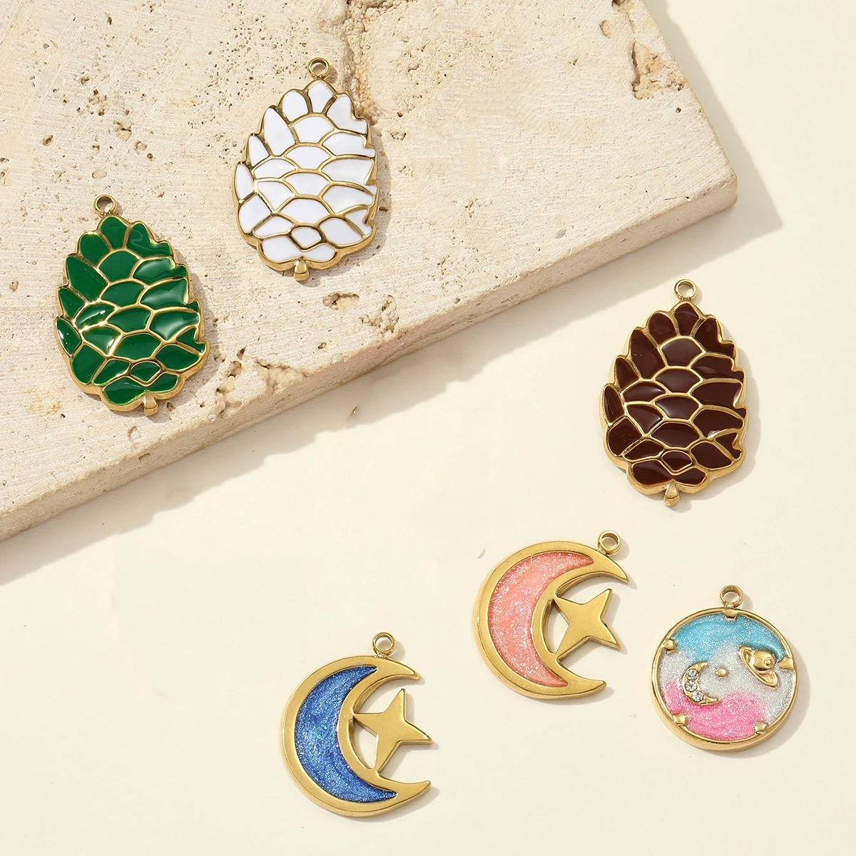 3Pcs/Lot Stainless Steel Moon Star Charms Pine Cone Pendants For DIY Making Necklace Earrings Jewelry Accessory Wholesale
