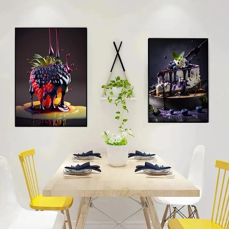 Berries Chocolate Sweet Dessert Cake Kitchen Food Poster Print Canvas Painting Wall Art Picture for Restaurant Bakery Decor