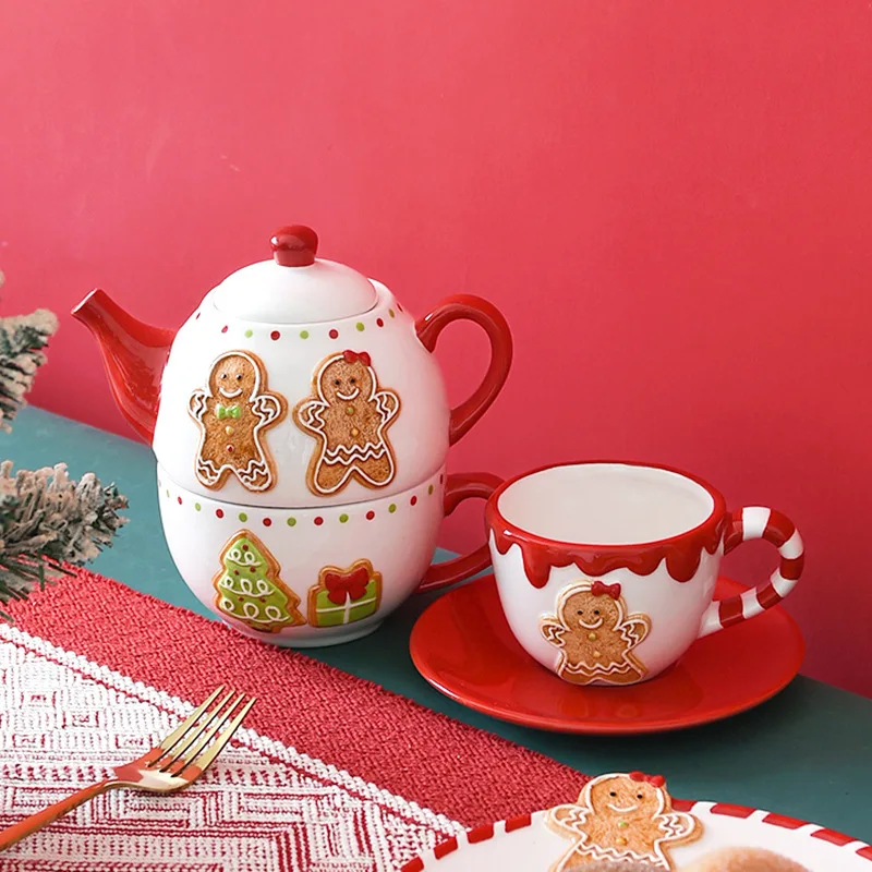 Christmas Gingerbread Man Coffee Cup and Saucer Ceramic Teapot and Cup Set Afternoon Tea Flower Tea Coffee Mug Ceramic Teapot
