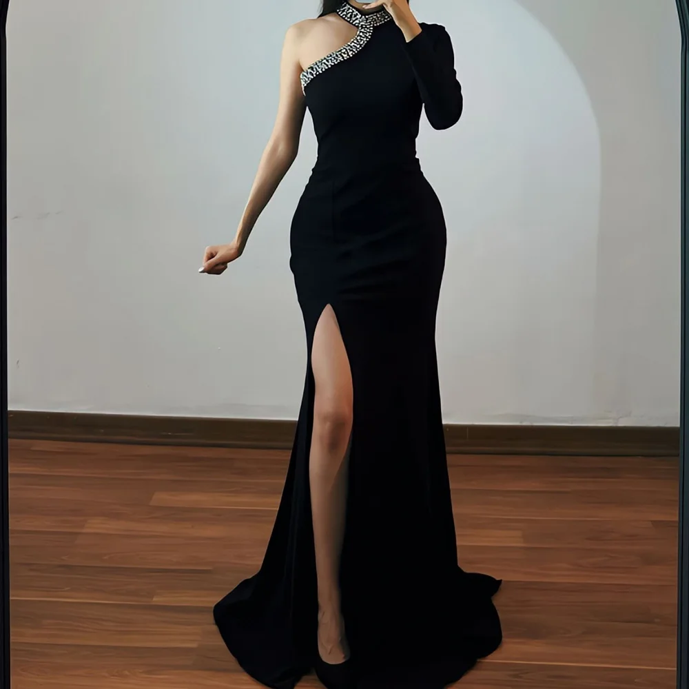 

Jersey One Shoulder Long Sleeves O-neck Floor Length Side Slit Mermaid Evening Dress Sweep Train Crystal Zipper Back Modern