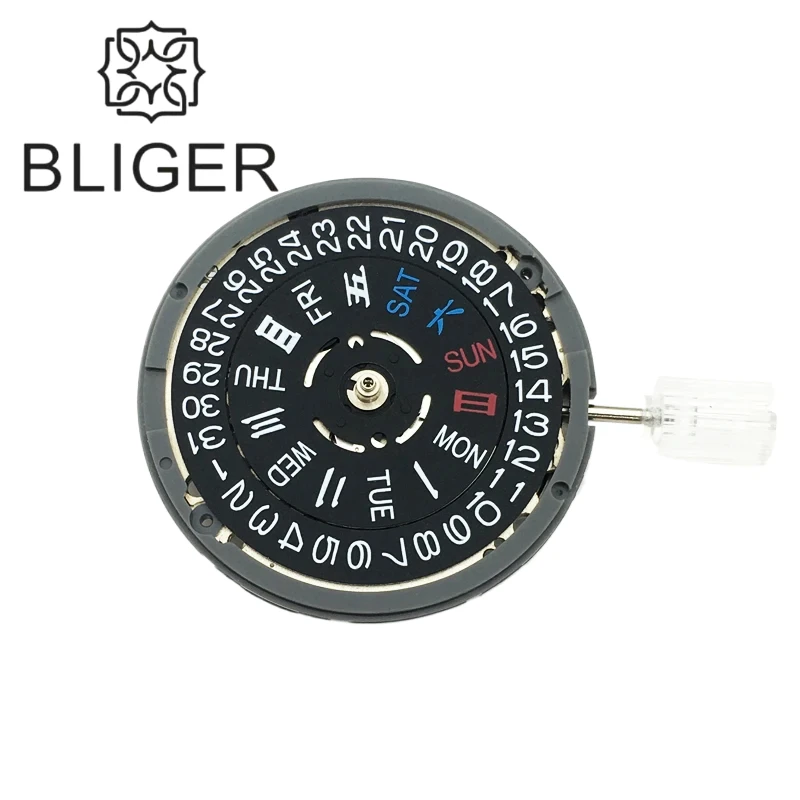 BLIGER-Automatic Watch Replacement Parts, Movimento Mecânico, Preto, Data Week, 3 Oclock, 3.8 O'clock Crown, NH36, Novo, Original