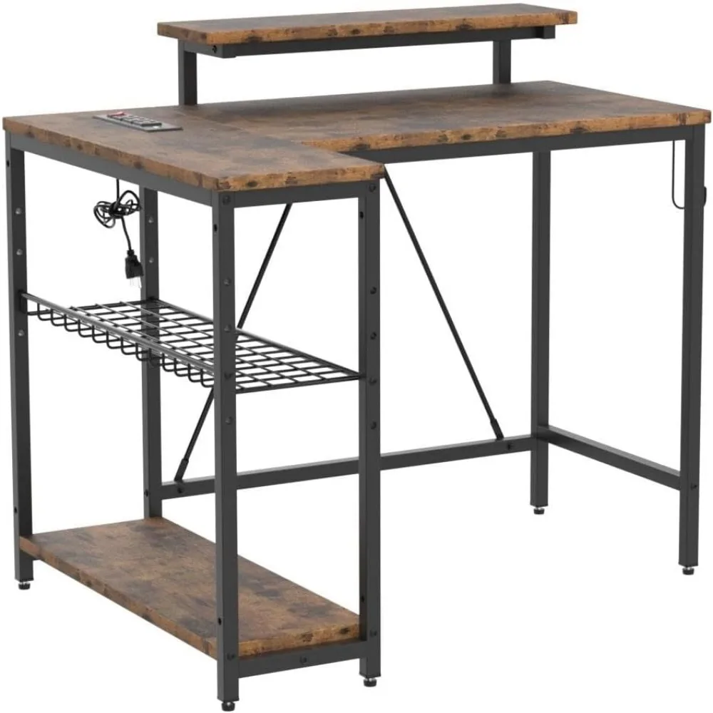 Small L Shaped Desk with Charging Port & LED Strip,Modern Computer Desk with Reversible Storage Shelves,Corner Desk