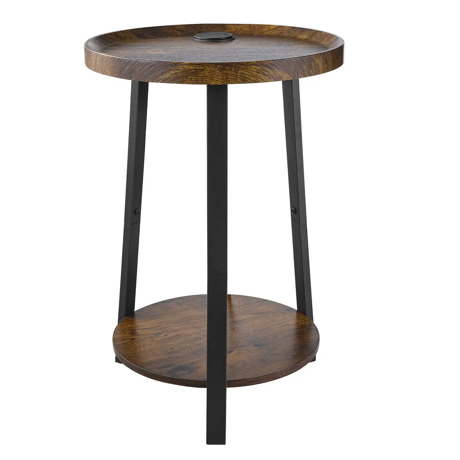 End Table, 2-Tier Round Side Table with Open Storage Shelves, Modern Nightstand Bedside Desk with USB & AC Charging Port, Wood S