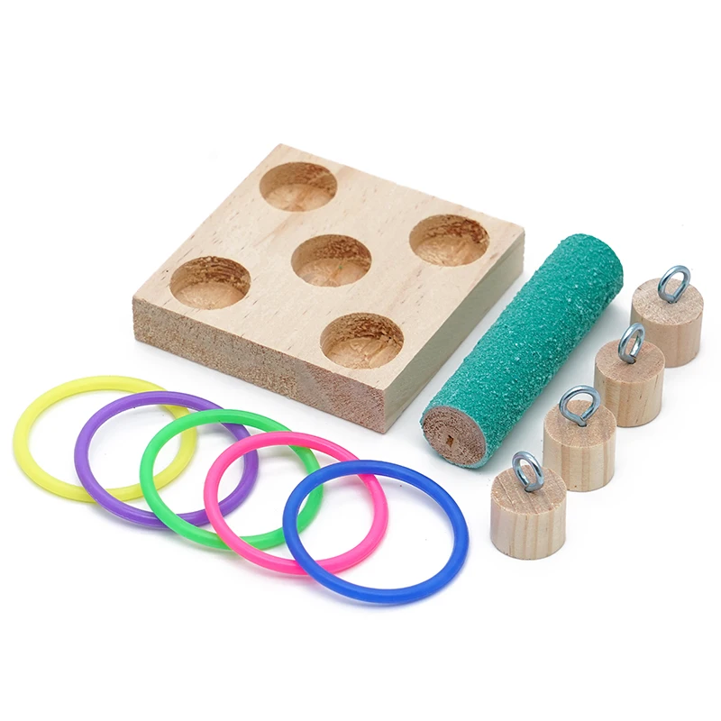 1Set Bird Training Toys Set Wooden Block Puzzle Toys Pet Bird Swing Ball Standing Toy Plastic Rings Intelligence Toy Supplies