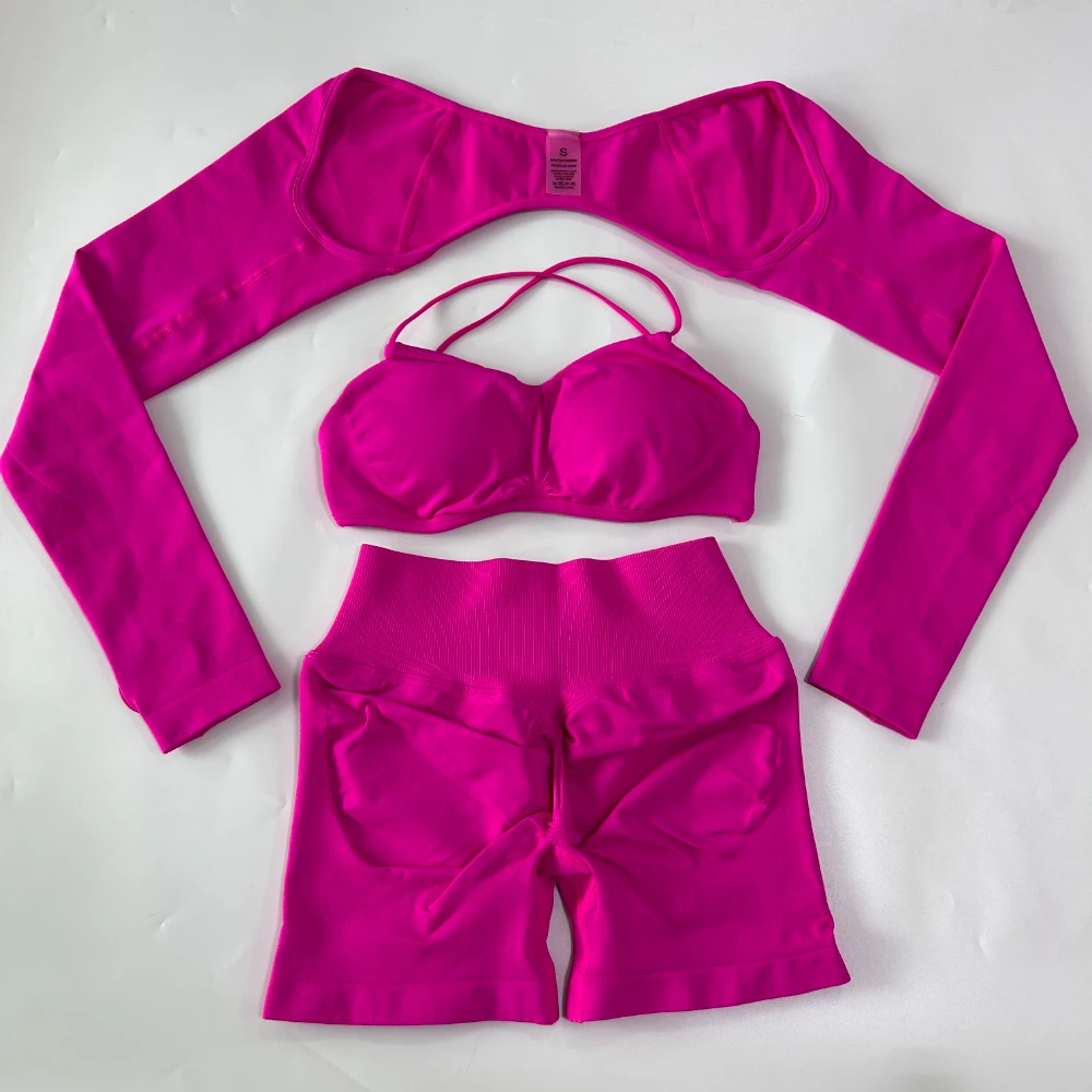 Pericic 3-teiliges Gym-Set Nahtloses Yoga-Set Damen Gym-Top Cross-Waist-Shorts Langarm-Oberteil Fitness-BH Sportanzug Workout-Set – Detail 11