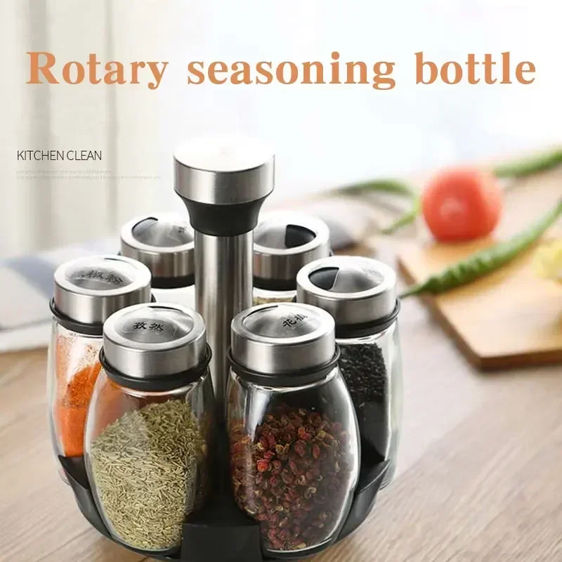 6 in 1 Glass Spice Jar Set Rack Rotating Glass Seasoning Sugar Pepper Bottles Organizer Salt Shakers Holder Kitchen Storage Rack