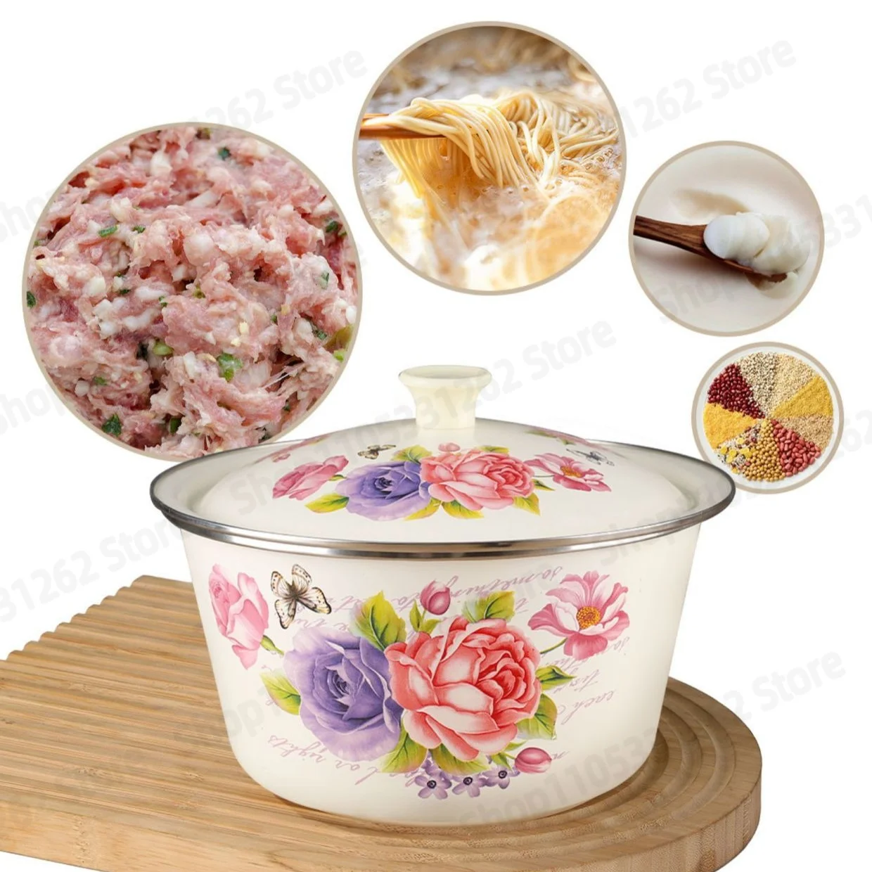 Enamel Basin with Lid, Thickened Retro Household Kitchen Noodle Dough Bowl