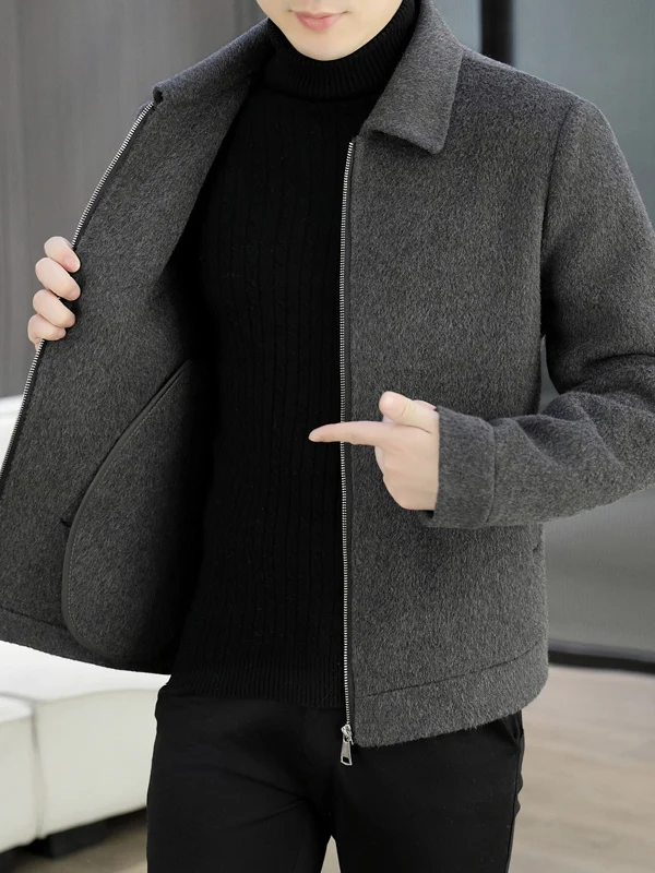 

Double-Faced Woolen Spring Autumn Jaet for Men ort Sle Turn-down Collar Busin Casual Warm Polyester Zipper De...