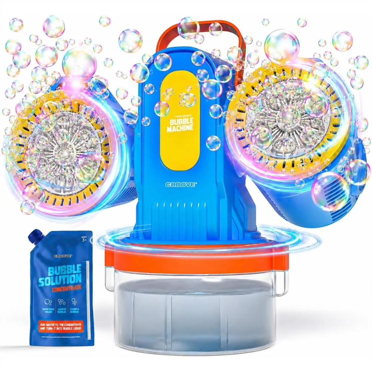 

Rechargeable Bubble Machine for Kids, 180° Rotation 12,000+ Bubbles/min, Dual Fans, RGB Lights, 800ml Spill-Proof, Outdoor Toys