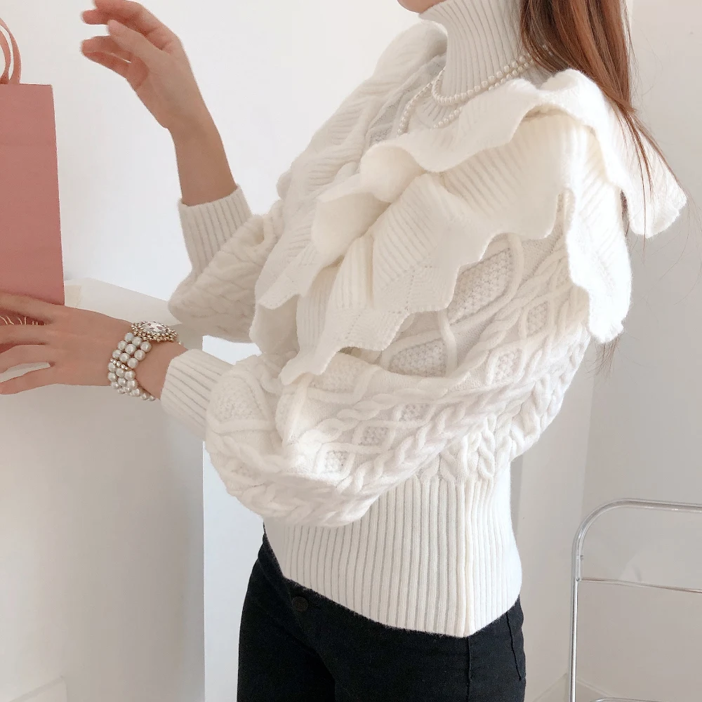 Ruffles Design England Style Turtleneck Outfit Sweater Women Spring Autumn Winter Ladies Elegant Party Pullovers Dropshipping