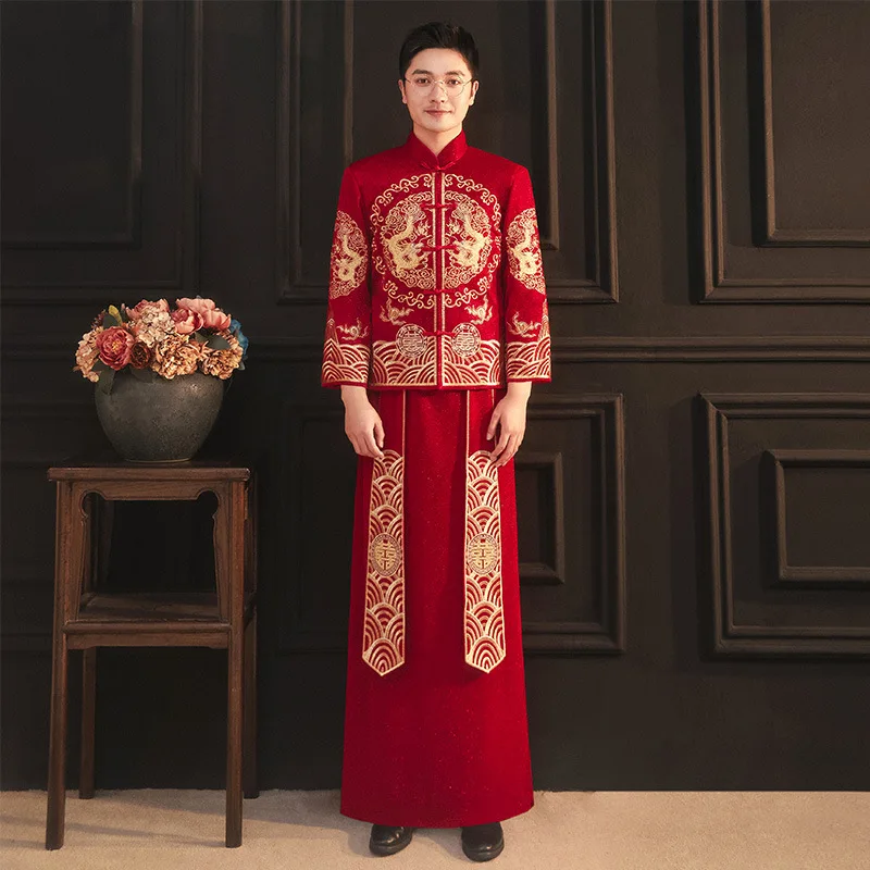 2022 Bride Red Embroidery Qipao Wedding Dress Retro Chinese Style Cheongsam Toast Clothing Size S-2XL
