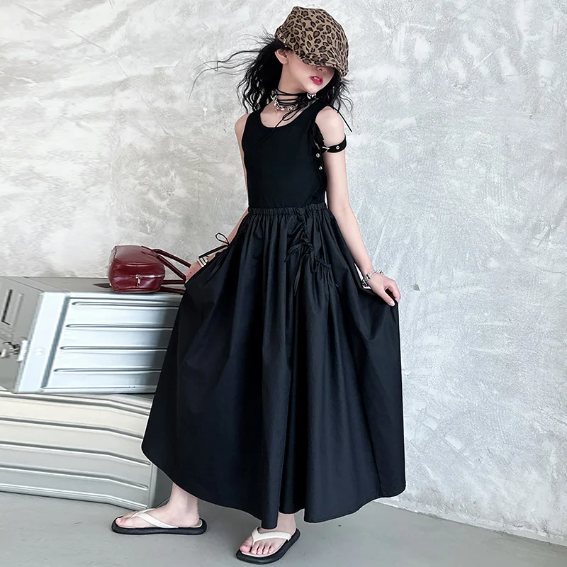 

summer French design teen girls long dress Hepburn style princess shoulder strap vest dresses junior kids clothes 4-6-7-13 14+