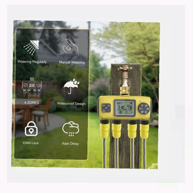 Yieryi 4 Zone Garden Water Timer Auto/Manual Drip Irrigation Controller with Rain Delay 4 Outlet Programmable Sprinkler System