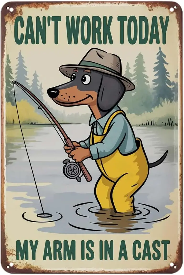Funny Fishing Dachshund Dog Tin Sign Cant Work Today My Arm Is In A Cast Vintage Metal Signs Wall Decor for Kitchen Bar Cafe Bed