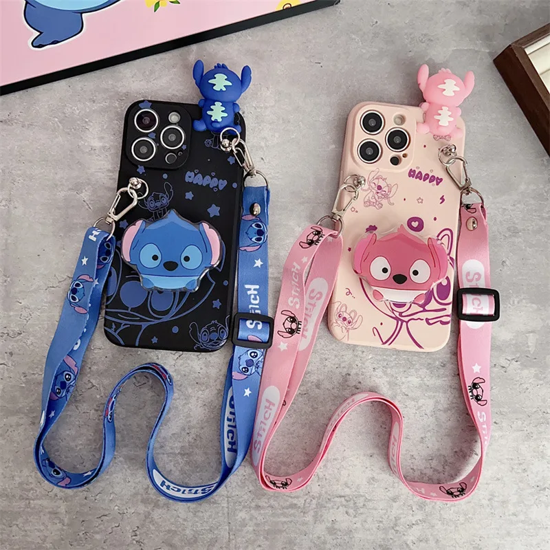 ثلاثية الأبعاد الكرتون غرزة الملاك مع حامل الحبل زوجين جراب هاتف آيفون الهواء 12 13 mini 11 14 15 16e 17 برو ماكس غطاء مقاوم للصدمات #1