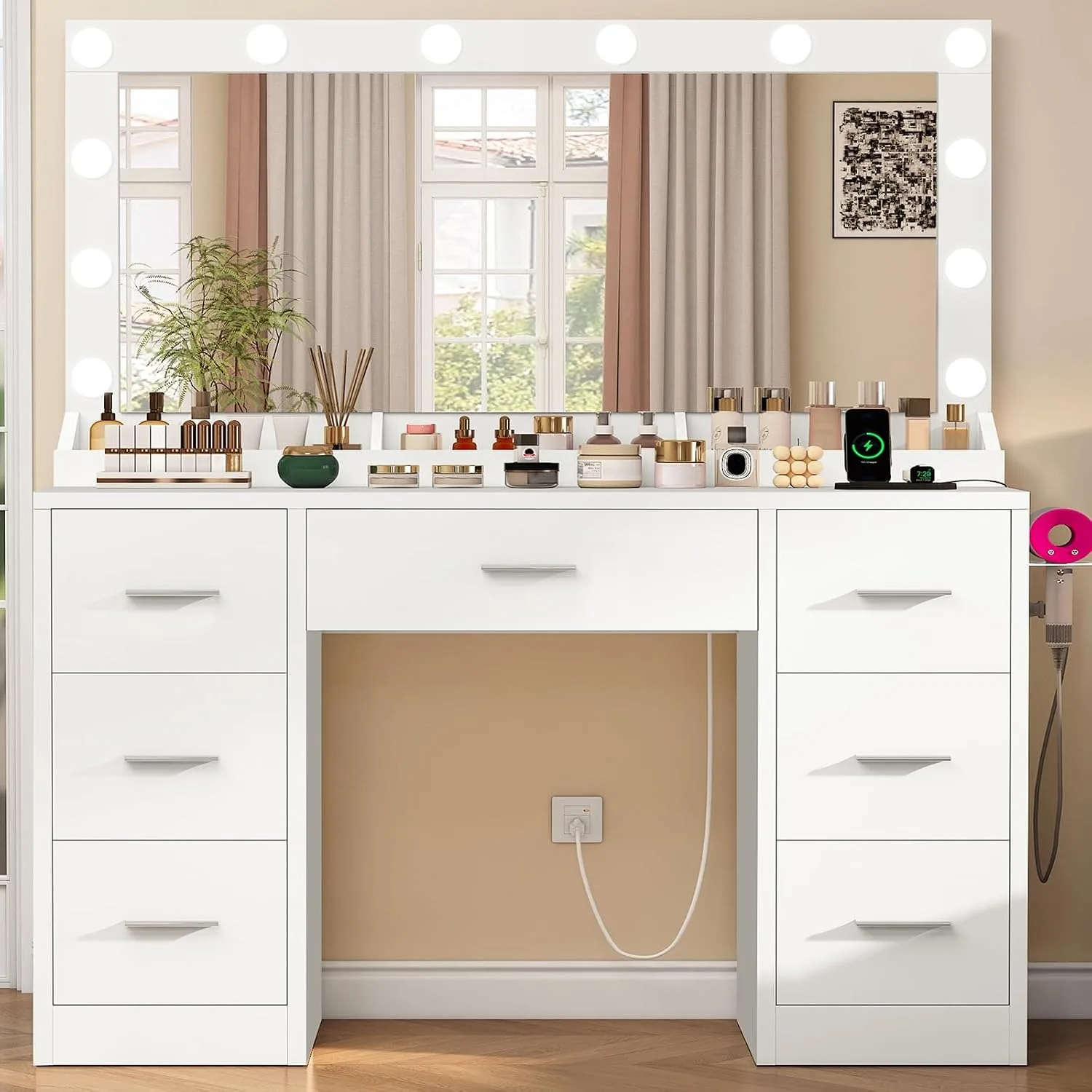 Vanity with Large Mirror and 12 LED Lights, Vanity Desk with 7 Drawers & Hairdryer Holder, Makeup Vanity Desk with Charging Station for Women, Girls, 3 Lighting Color Adjustable, White