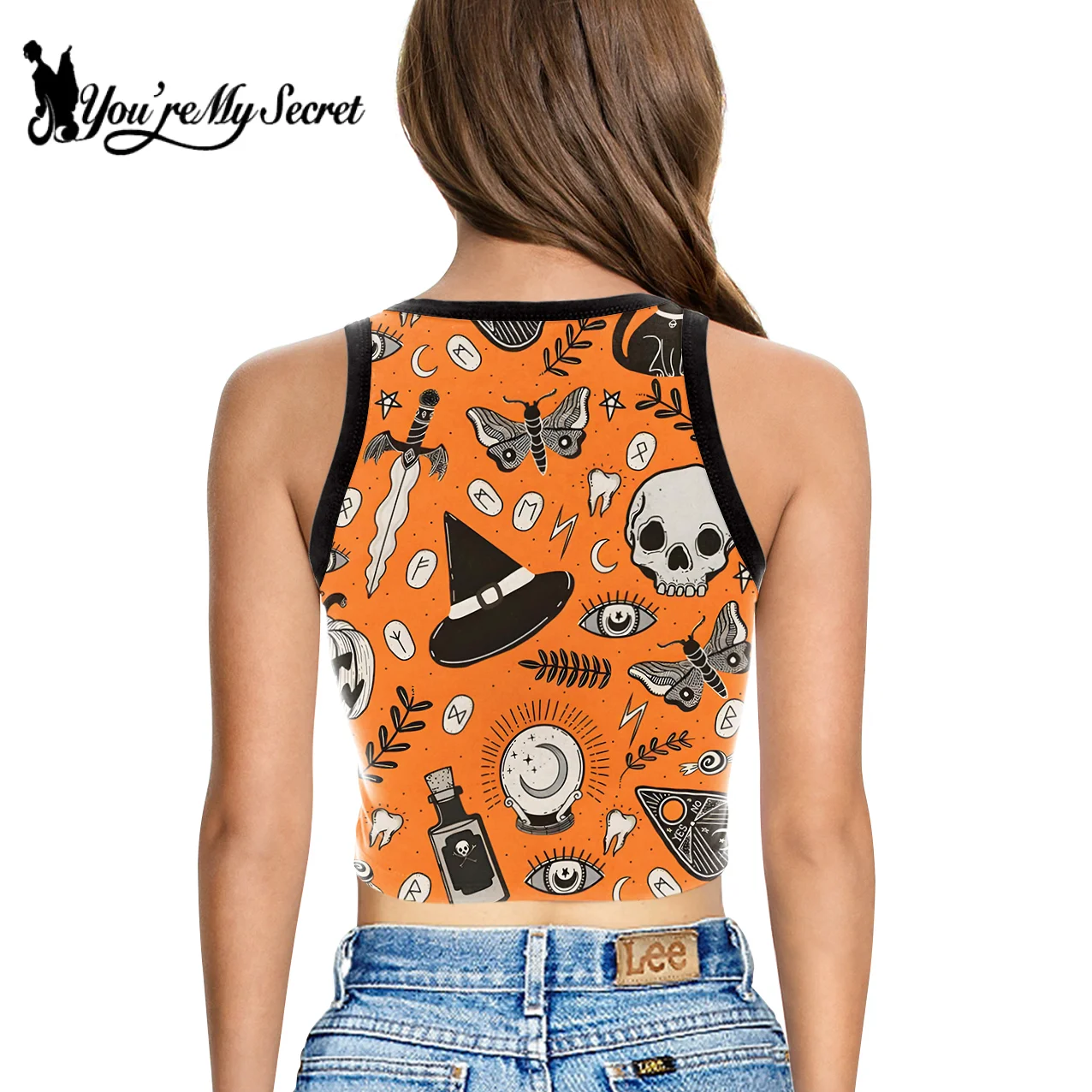 [You\'re My Secret] Halloween Women Summer Sleeveless Crop Top Y2k Gothic Skeleton Pumpkin Printed Streetwear Fitness Tops Tees