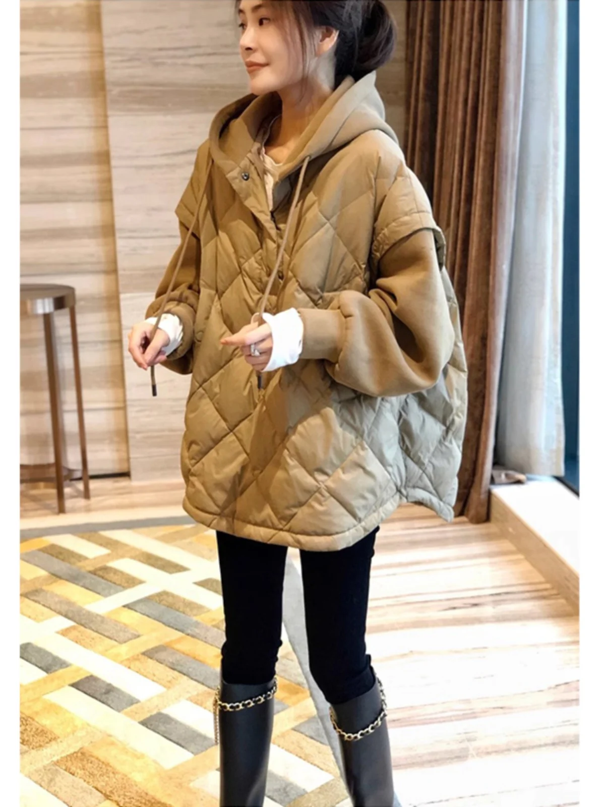 

Легкая пуховая хлопковая куртка с ромбовидным узором Thiened, женская зимняя свободная повседневная теплая толстовка с межпой, пальто с капюшоном