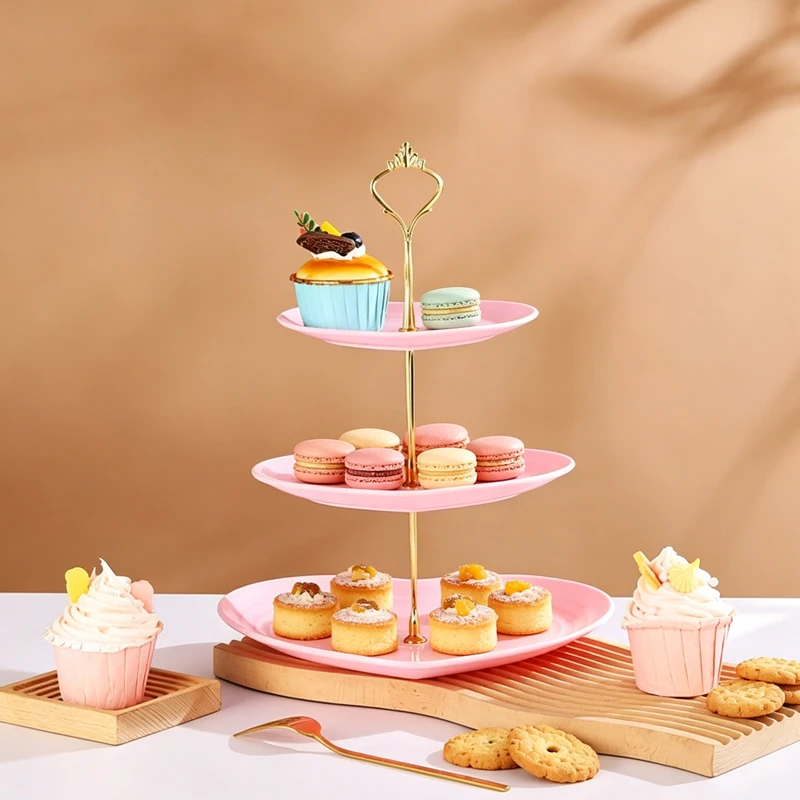 2/4/6pcs Three-Layer Heart-Shaped Dessert Rack with Pink Layered Tray, Suitable for Weddings, Birthdays and Tea Parties.