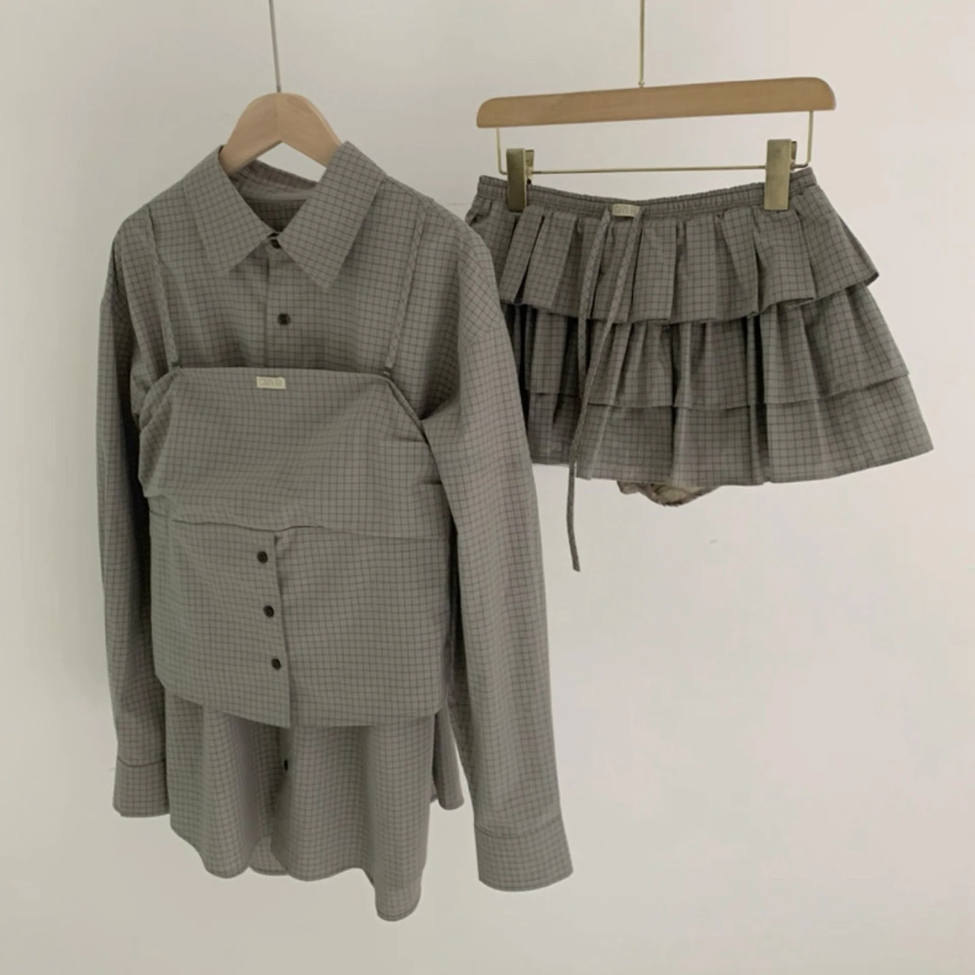 

Рубашка с уникальным дизайном и длинными рукавами, многослойная полуюбка с эластичной резинкой на талии, жилет на пуговицах, свободный крой в корейском стиле, хлопковая женская рубашка