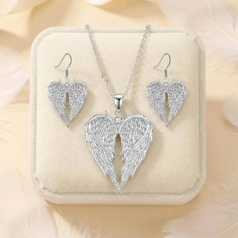Angel Wing Heart Pendant Necklace Earrings Set Women CZ Rhinestone Feather Dainty Romantic Silver Clavicle Chain Jewelry Gift