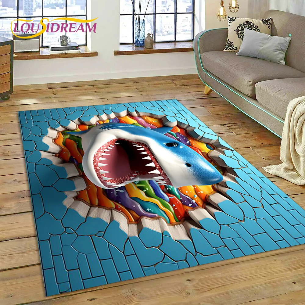 3D Illusion Underwater World Seabed Shark Dolphin Cartoon Carpet Rug for Bedroom Living Room Sofa Decoration,Kid Decor Floor Mat