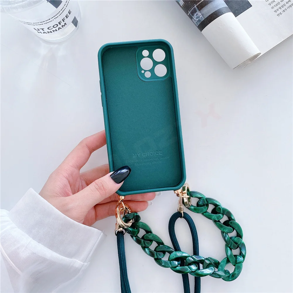 Luxury Marble Agate Chain Crossbody Lanyard Phone Case for iPhone 14 13 15 Pro Max 12 Mini 11 X XS XR Plus Liquid Silicone Cover