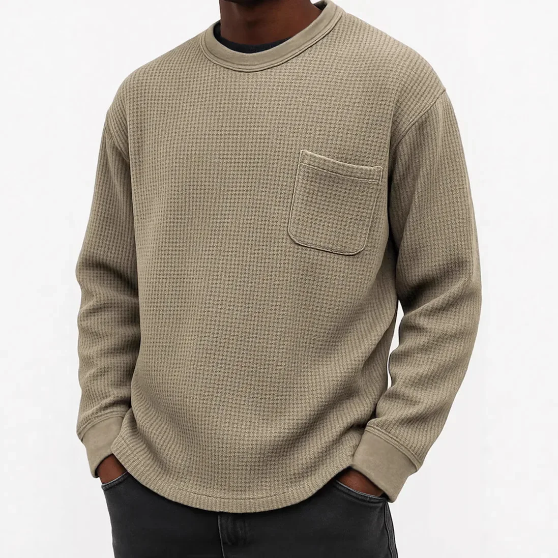 Long Sleeve T-Shirt Spring And Autumn Waffle Loose Large Size Bottom Shirt Sweater Casual Crew Neck Men