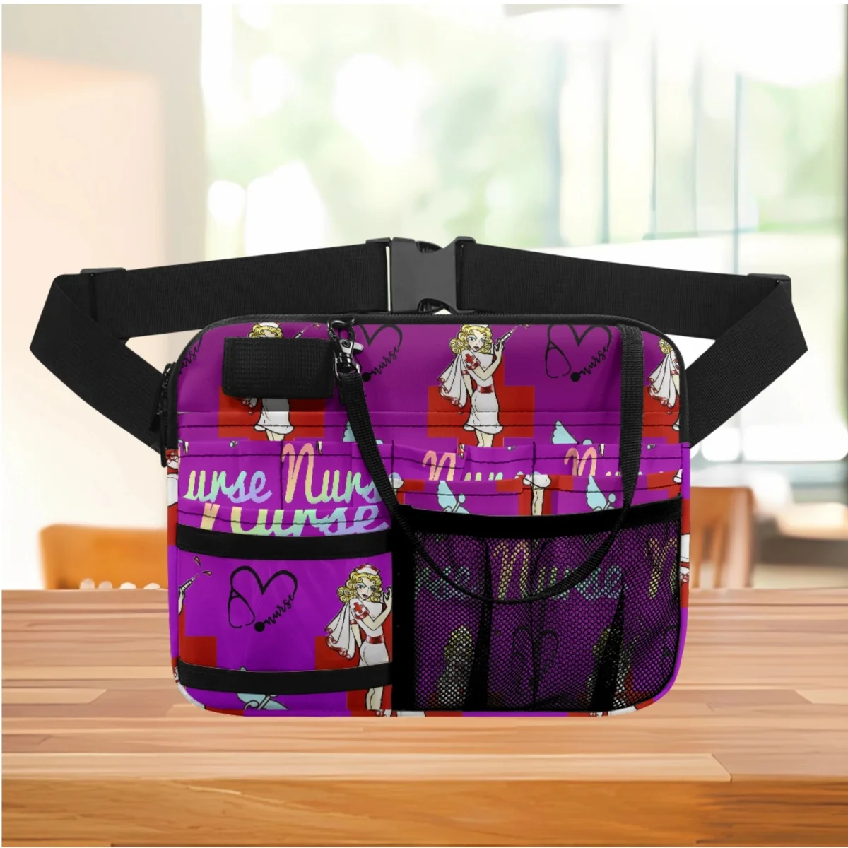 Purple Cartoon Heartbeat Nurse Print Ladies Waist Bag Healthcare Design Belt Bag Hospital Work Portable Shoulder Fanny Pack 2023