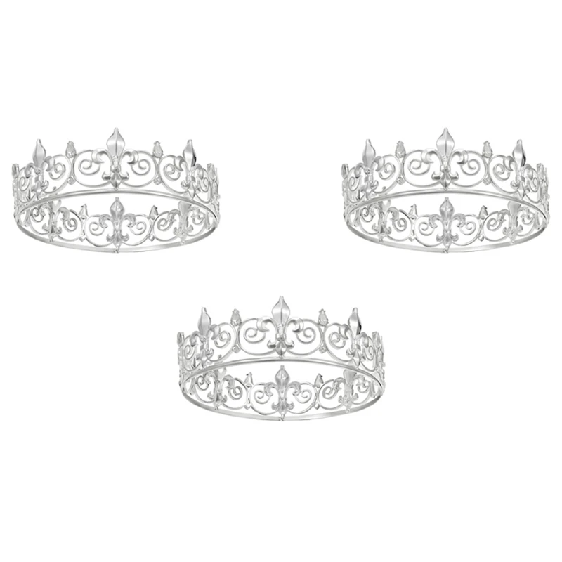 

3X Royal King Crown For Men - Metal Prince Crowns And Tiaras, Full Round Birthday Party Hats,Medieval (Silver Colour)