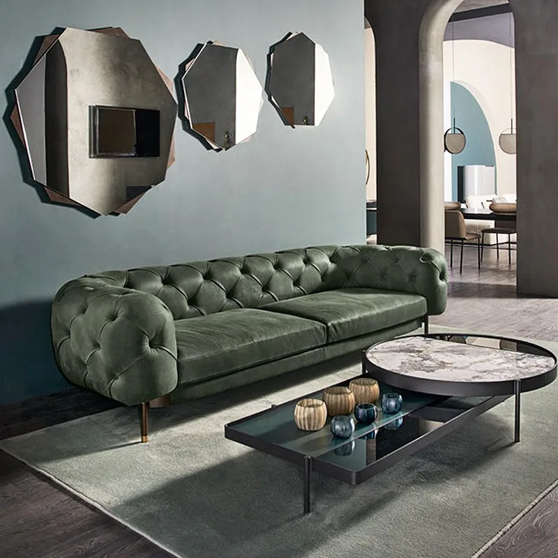 Italian light luxury imported top-grain leather sofa, creative pull-button sofa for modern living room small apartments