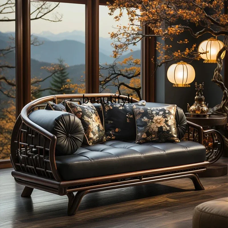 New Chinese leather art sofa living room walnut villa light luxury high-end design customization