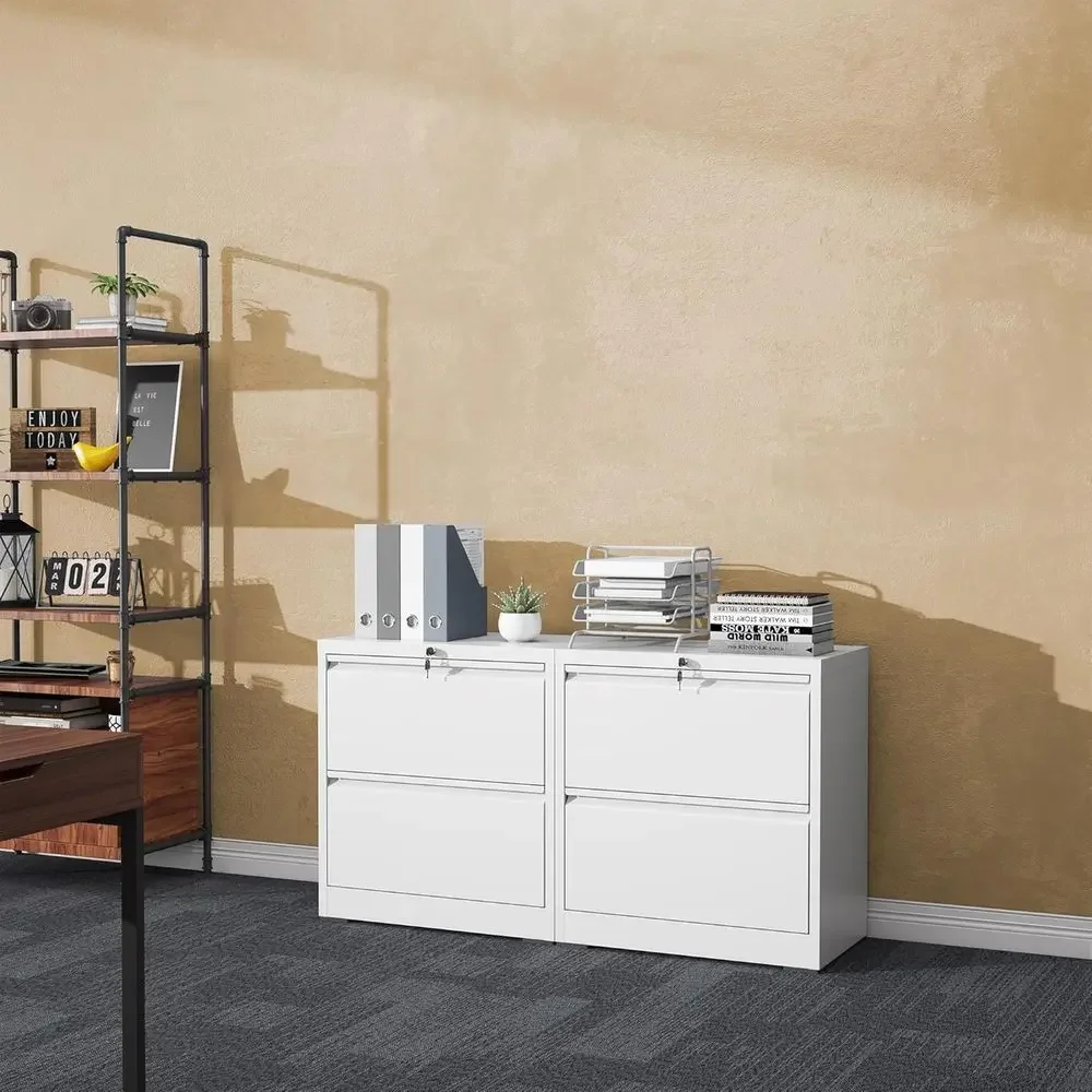 Heavy Duty Metal Lateral File Cabinet with Lock, 2 Drawers for Home Office, Holds Letter/Legal/A4 Files, White, Assembly Require