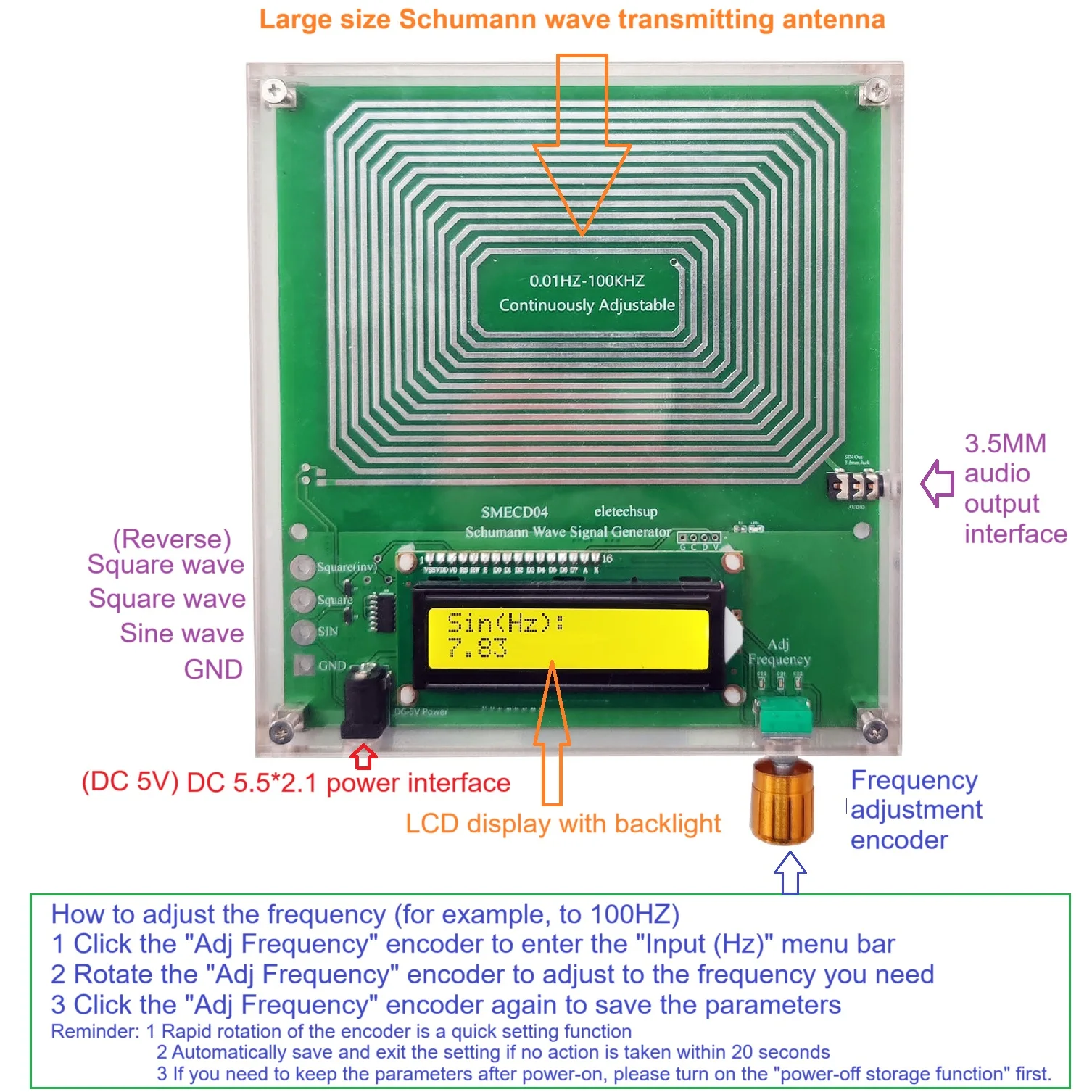 Resonator Frequency Schumann 0.01-100Khz Signal Generator Premium Adjustable Incl. Overvoltage Protection