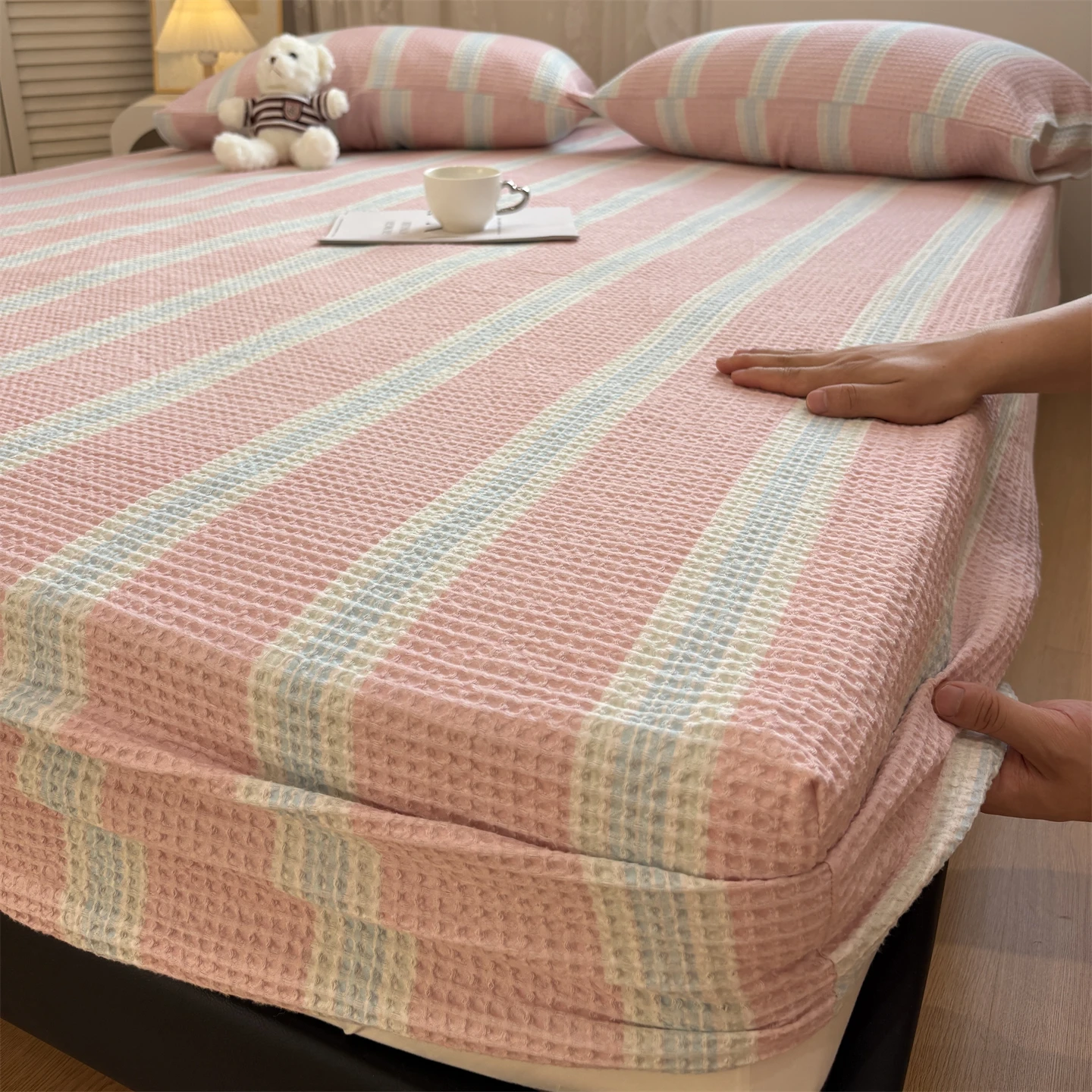 

3PCS Waffle Bed Sheets Set Cotton Fitted Sheet Non Slip Bedspread With Elastic Band Mattress Cover Double Bed Sheet Christmas