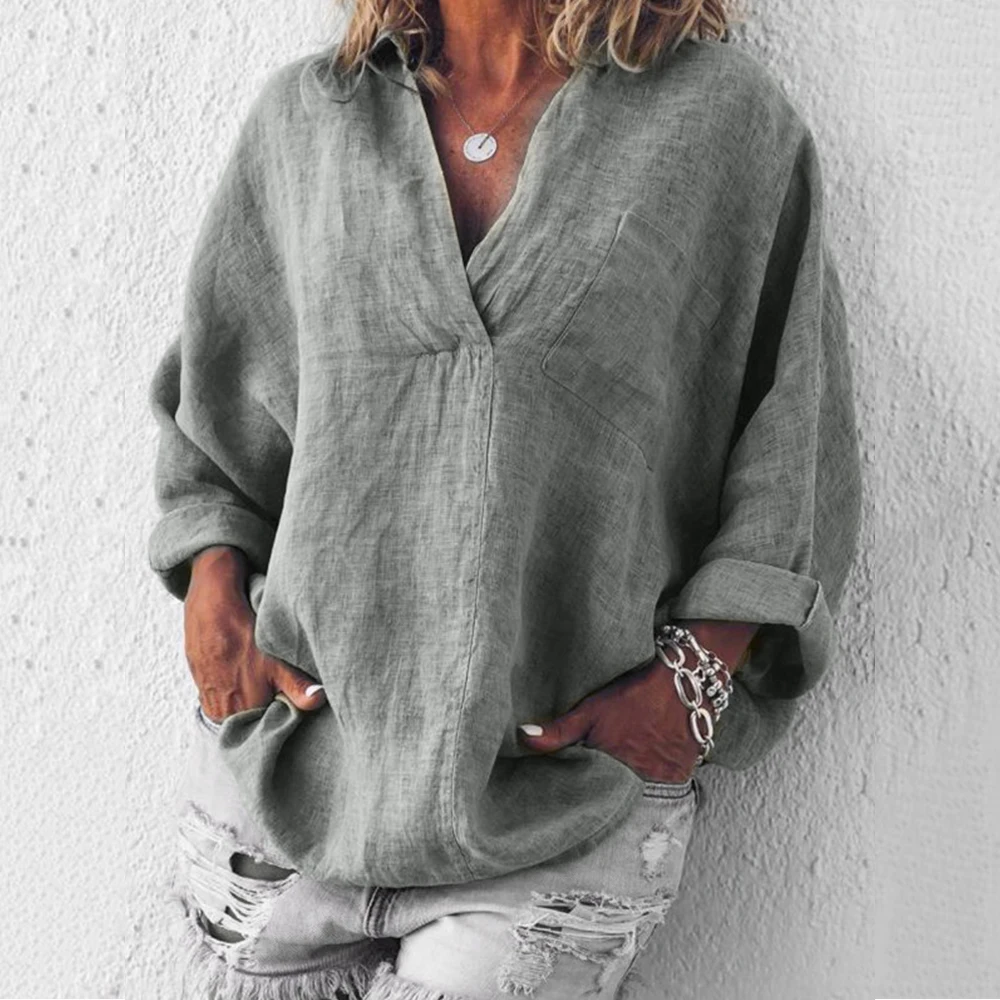 بلوزة فضفاضة طويلة Sve V-Ne للسيدات irt Street Sle بلوزة فضفاضة غير رسمية مناسبة للسيدات لون نقي زر ضفيرة صيف جديد