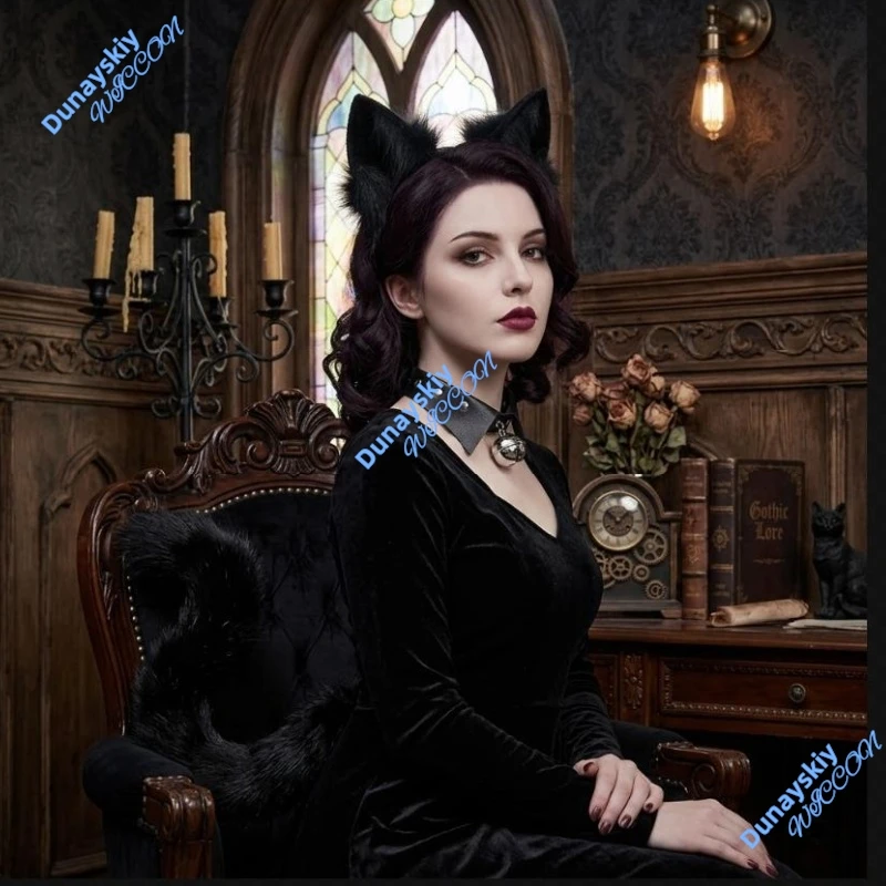 

Animal Cosplay Accessory Set Faux Fur Fox Wolf Cat Ears Tail Hair Clips Stylish Leather Choker Ideal for Anime and Halloween