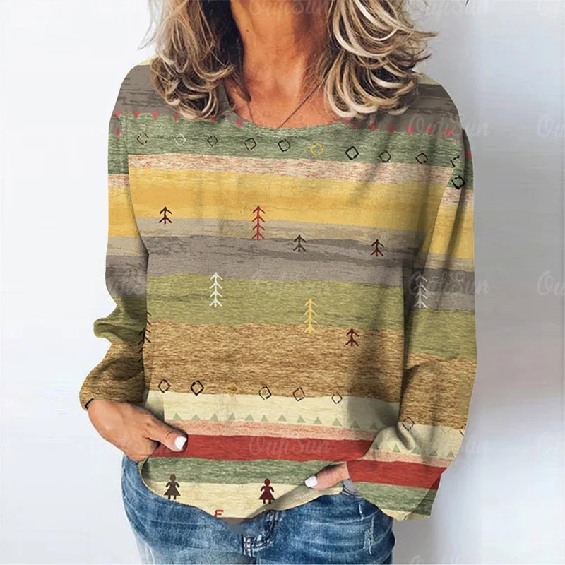 Natural Scenery Print Long Sleeves T Shirt Fall Casual Women's T-shirts Daily Loose Women Clothing Vintage Streetwear Pullover