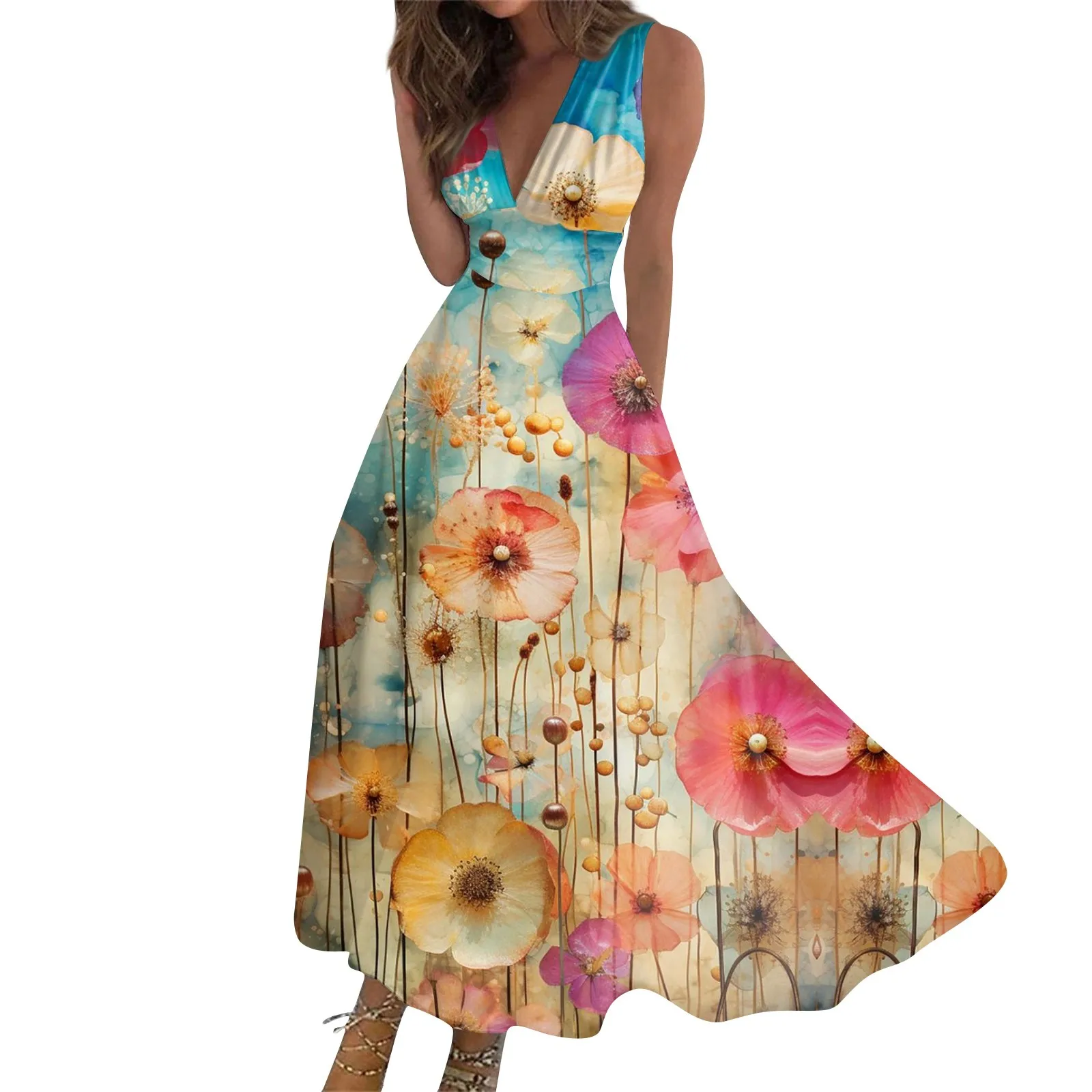 Dames Maxi Jurk Zomer Casual Mouwloze V-Hals Boho Taille Retraction Jurk Gewaden Met Bloemenprint Voor Dames 2024