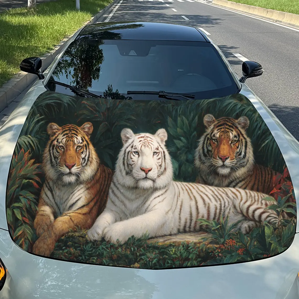 Three Tigers Gathered Car Vinyl Wrap, PVC Material Waterproof Car Hood Sticker, Self-Adhesive Scratch-Resistant Stickers for Eng