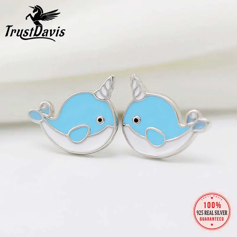 TrustDavis Girls 100% 925 Sterling Silver Blue Whale Stud Earrings For Women Young Daughter Birthday Party Jewelry Gift DS4546