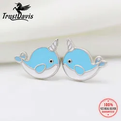 TrustDavis Girls 100% 925 Sterling Silver Blue Whale Stud Earrings For Women Young Daughter Birthday Party Jewelry Gift DS4546