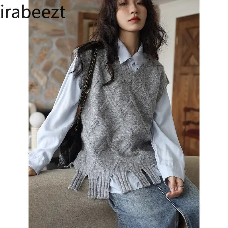 Blue Shirt Gray Vest Two Sets of Women's V-neck Sweater Spring and Autumn Waistcoat with Shirt Casual Chalecos Para Mujer