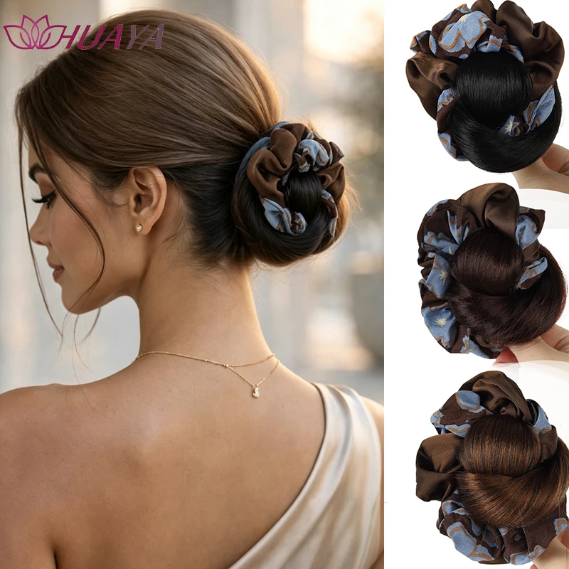 Vintage Print Scrunchie Hair Bun Wig, Synthetic Elastic Chignon Fake Bun Hair Piece, Fluffy Updo Hair Extensions for Women
