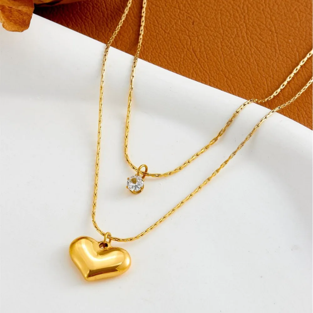 Simple Luxury Double-layer Stainless Steel Stereo Metal Heart Round Zircon Pendant Necklace for Women Do Not Fade Trendy Jewelry
