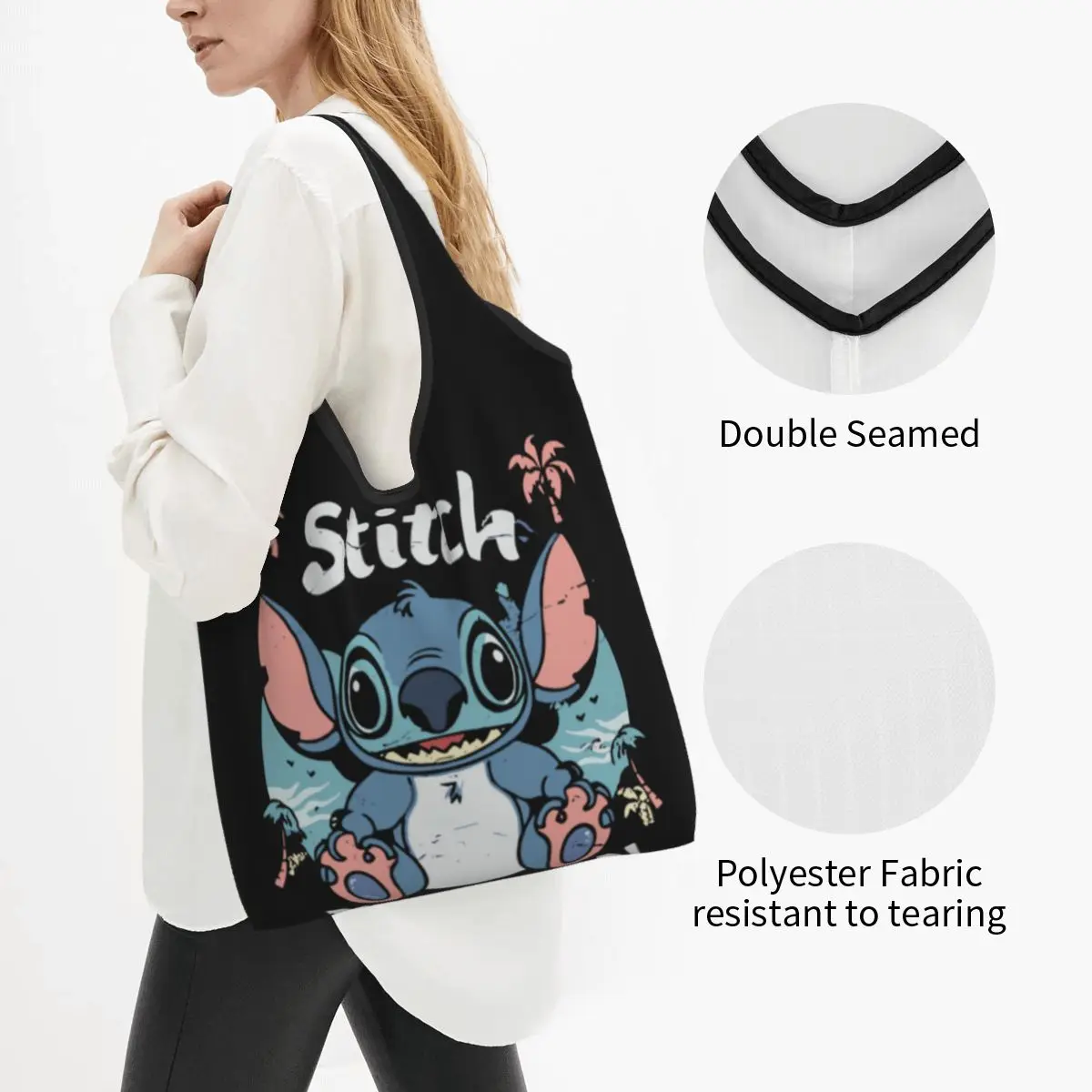 Custom Stitch On Vacation Groceries Shopping Bags Funny Shopper Tote Shoulder Bags Large Capacity Portable Disney Handbag