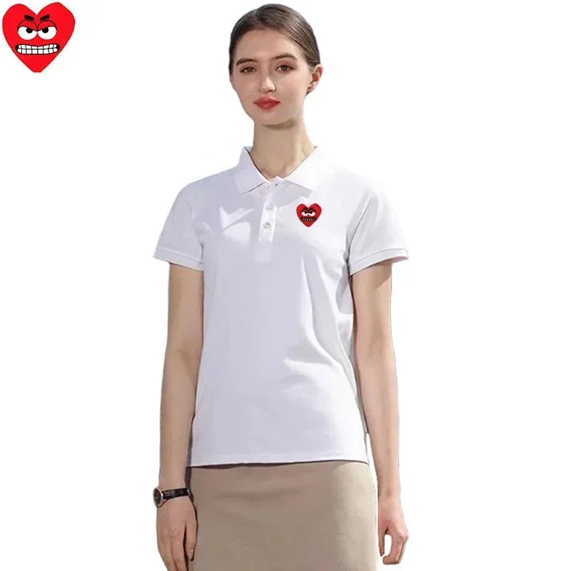 Break Egg Women POLO Shirt Cotton Cartoon Cute Snag Heart Embroidery Short Sleeve Straight Lady Summer Solid POLO Shirt