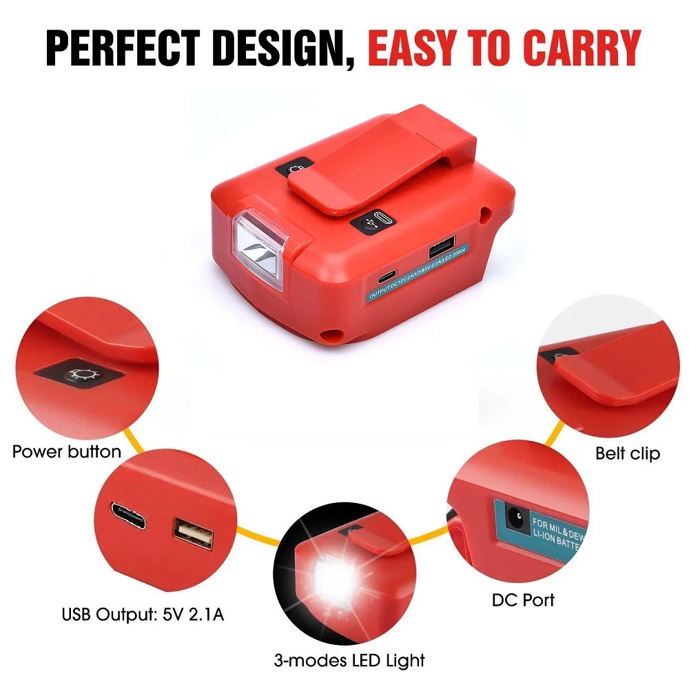 Battery Adapter With LED Lamp Converter For Milwaukee Li-ion M18 Power Source DC 12V/2A Dual USB Port/USB+Type-C Output Light