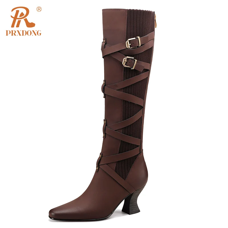 

PRXDONG Genuine Leather Women's Shoes 2023 New Fashion Autumn WInter Warm Knee High Boots Black Brown Dress Party Lady Shoes 39