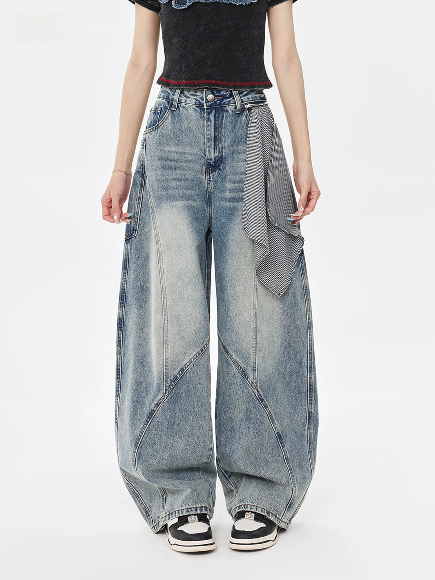 

Женские повседневные свободные джинсы с широкими штанинами, с дизайнерскими вырезами, из выстиранного денима, весенние, модные, с высокой талией, на молнии, синие